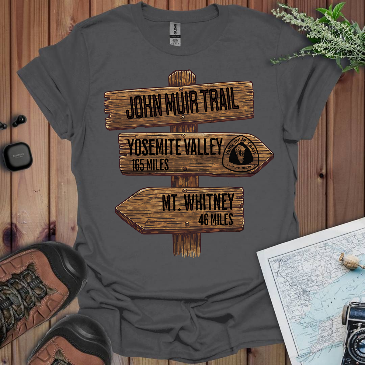 John Muir Trail Unisex Fit Soft T-Shirt Wood Sign 211 Miles