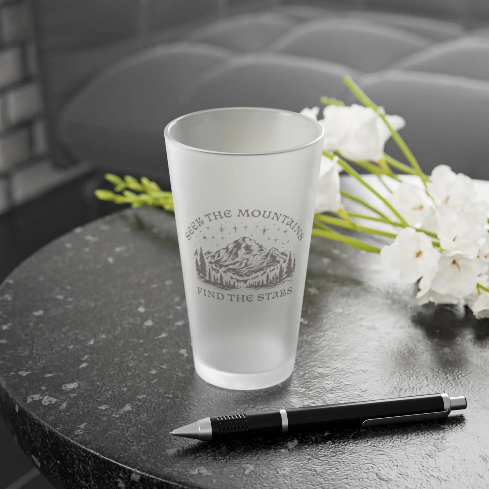 Seek The Mountains Find The Stars Frosted Pint Glass