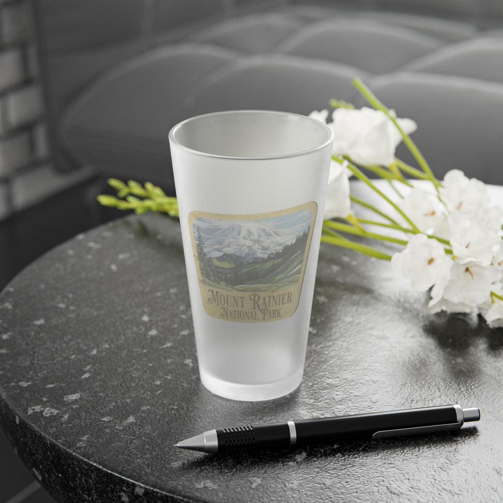 Mount Rainier National Park Frosted Pint Glass Wood Sign Mountain Graphic