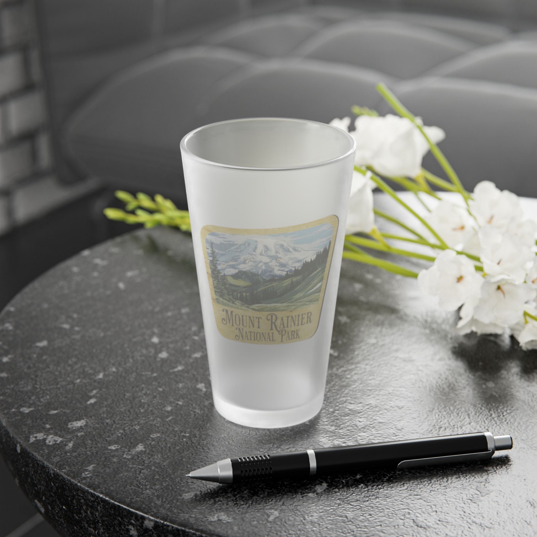 Mount Rainier National Park Frosted Pint Glass Wood Sign Mountain Graphic