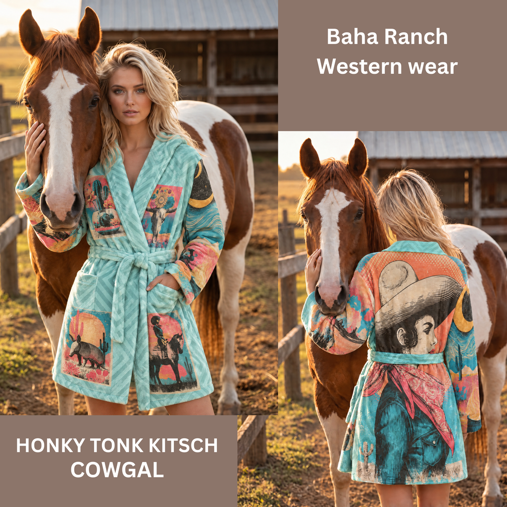 Baha Ranch Honky Tonk Kitsch Cowgal Minky Fleece Plush Robe