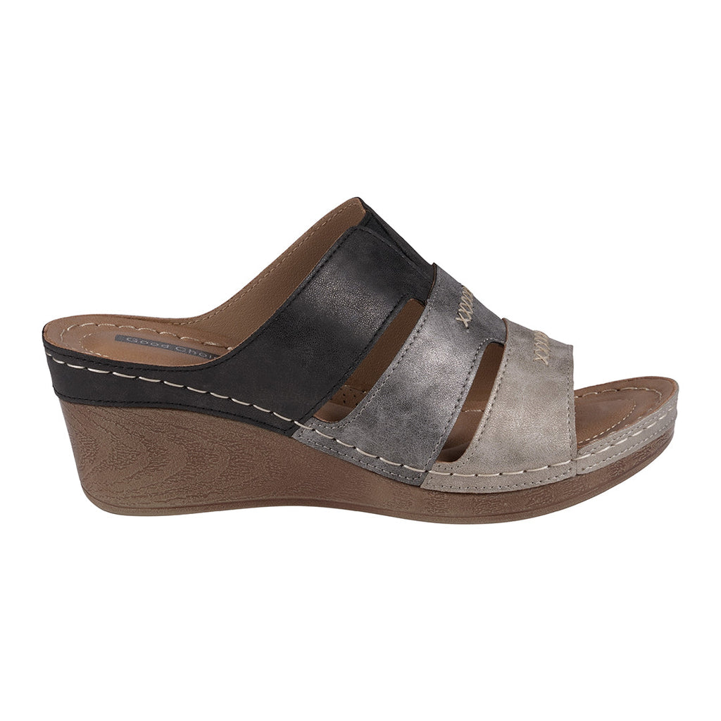 Delores Black Multi-Tone Triple Band Contrast Wedge Sandals