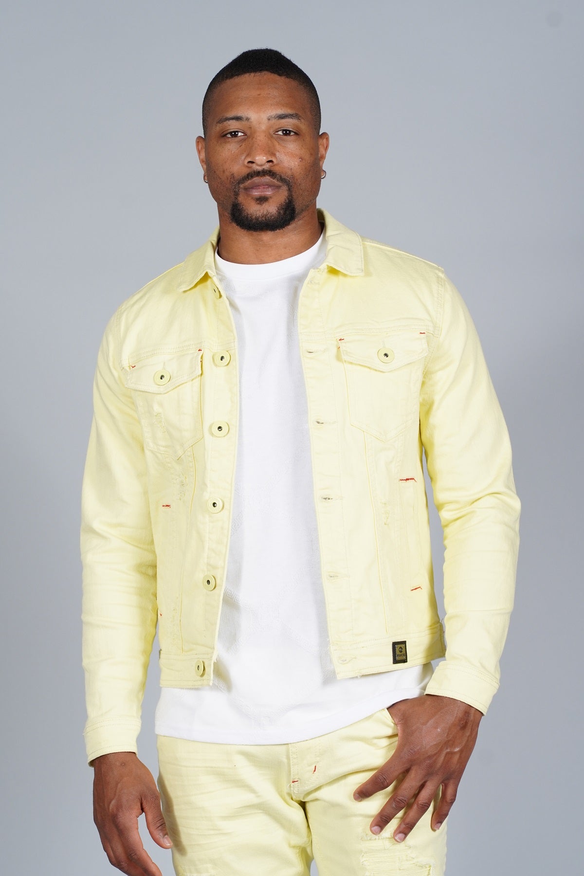 Makobi Core Denim Jacket in Yellow, detail view