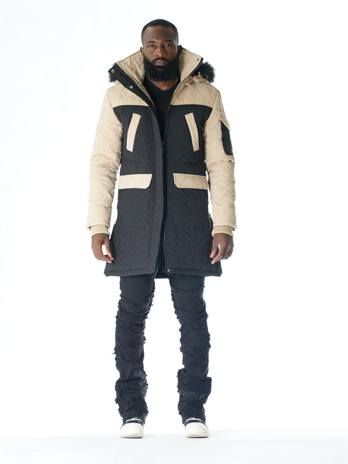 Makobi Apollo Long Quilted Jacket in Black, front view
