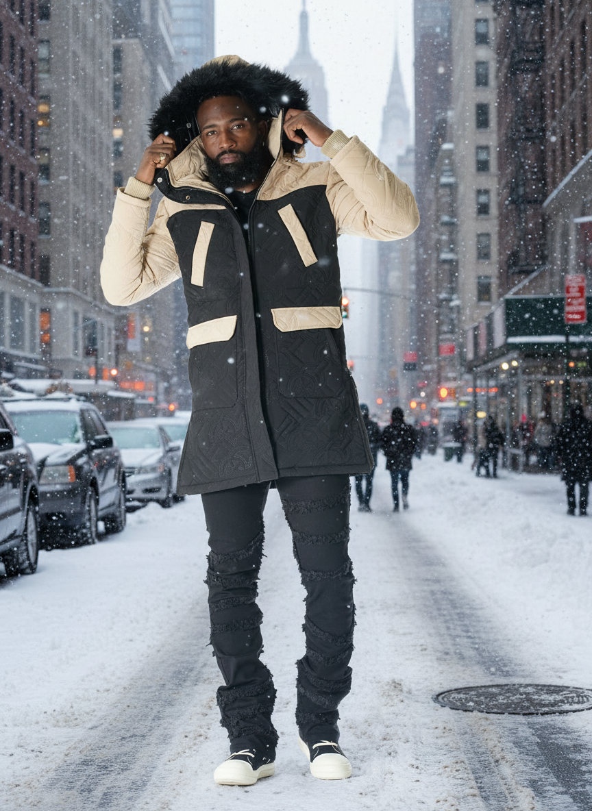 Makobi Apollo Long Quilted Jacket in Black, styled photo