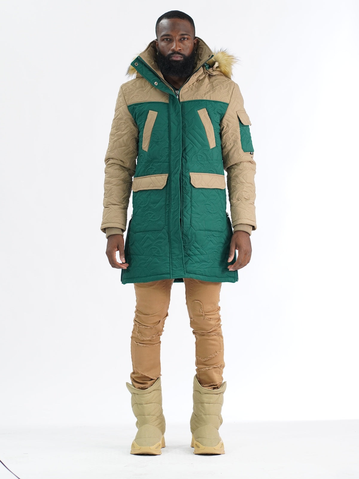 Makobi Apollo Long Quilted Jacket in Green, product photo, alternate angle