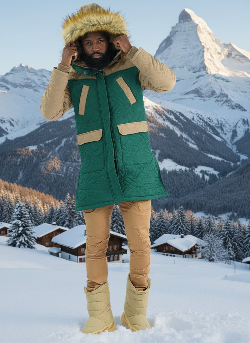 Makobi Apollo Long Quilted Jacket in Green, product photo
