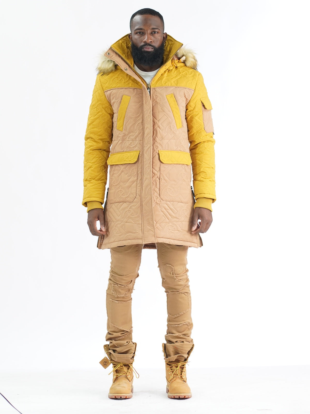 Makobi Apollo Long Quilted Jacket in Khaki, front view