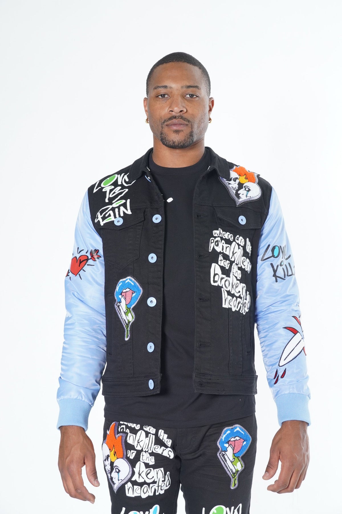 Makobi Love Kills Denim Jacket, Black/Black, styled photo