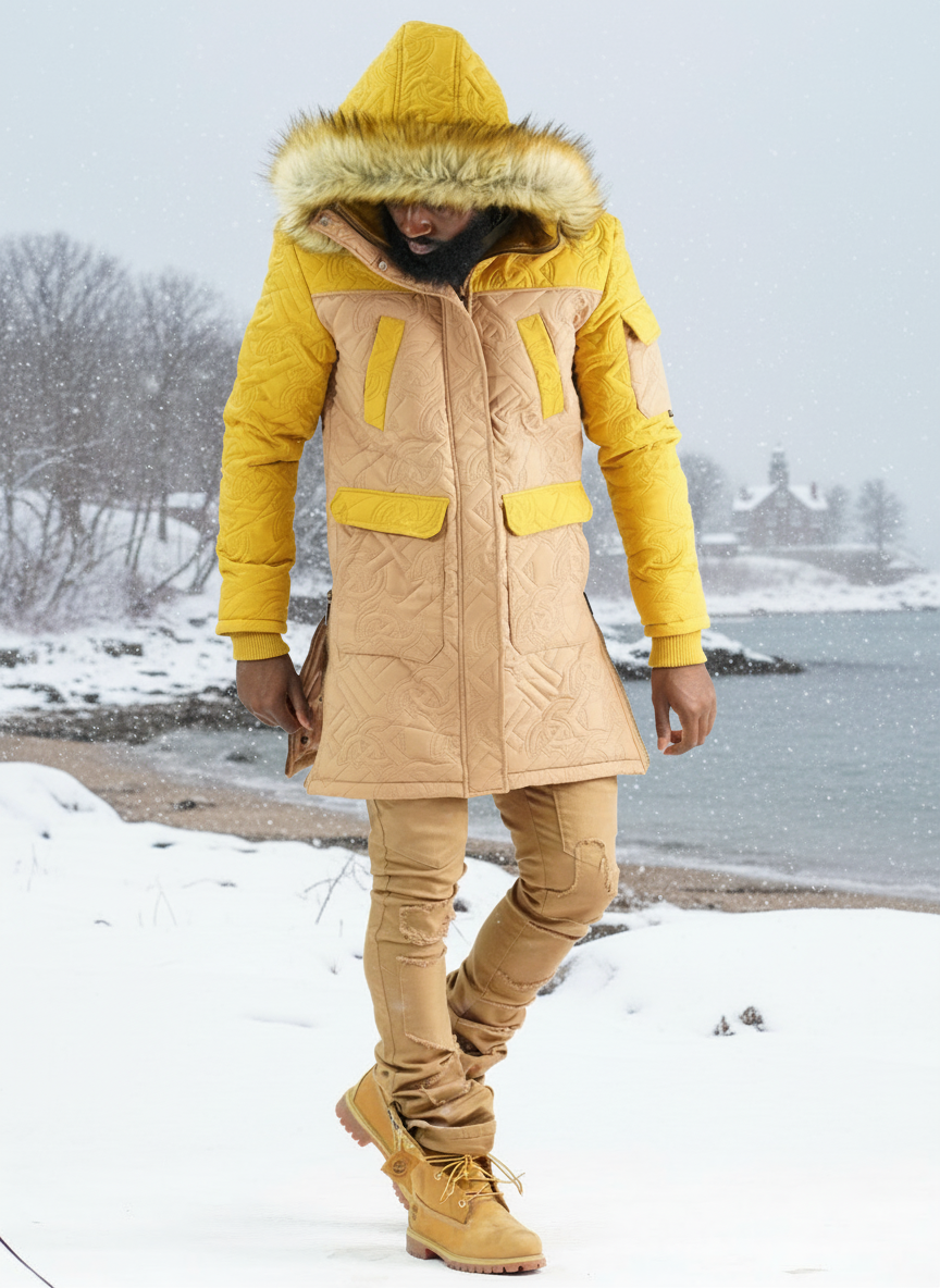 Makobi Apollo Long Quilted Jacket in Khaki, styled photo