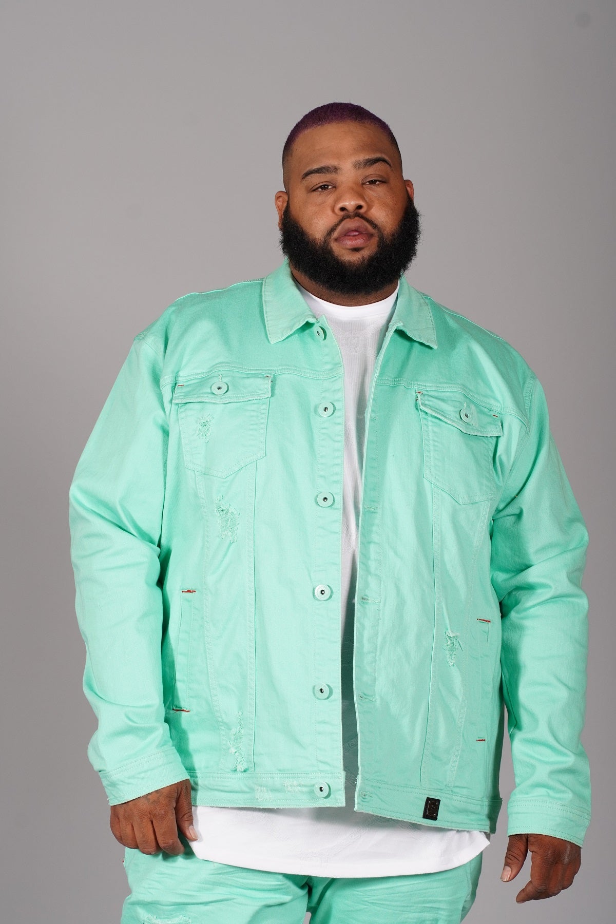 Makobi Core Denim Jacket in Green, back view