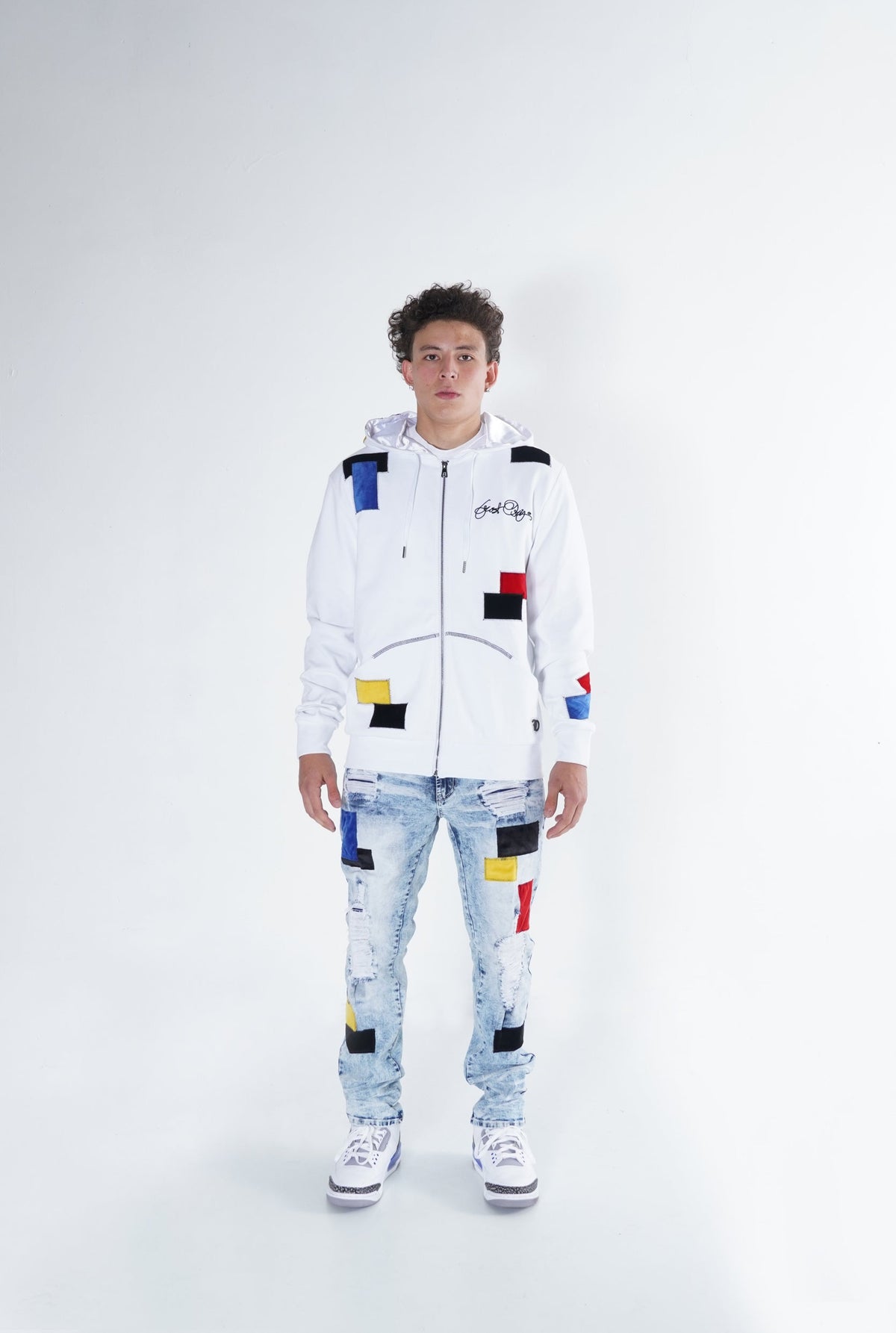 Makobi Frost Patchwork Denim Shredded Jeans, Light Wash, product back