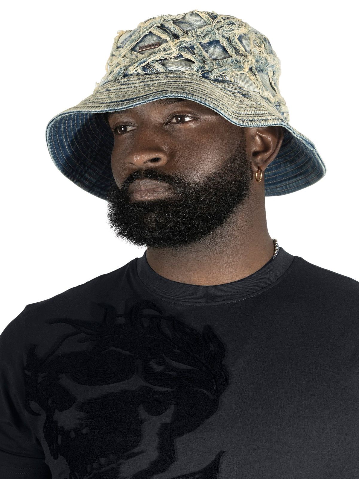 Makobi Rinaldi Denim Bucket Hat in Dirt, styled photo