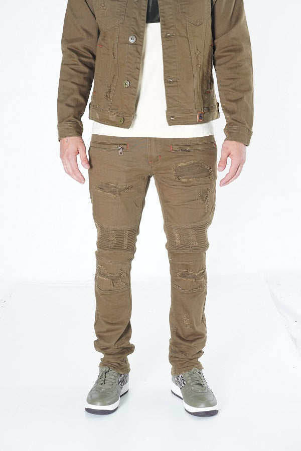 Makobi Core Denim Biker Jeans in Olive, product photo, alternate angle