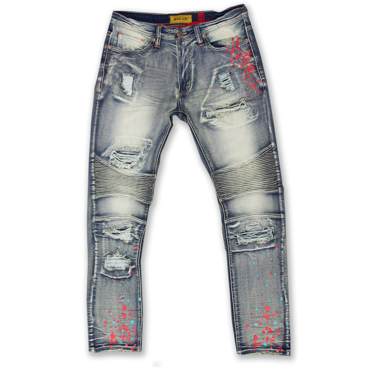 Makobi Cape Biker Jeans with Paint Splash, Dirt Wash, product front