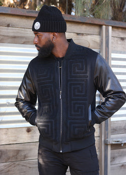 Makobi Adonis Wool Varsity Jacket in Black, styled view