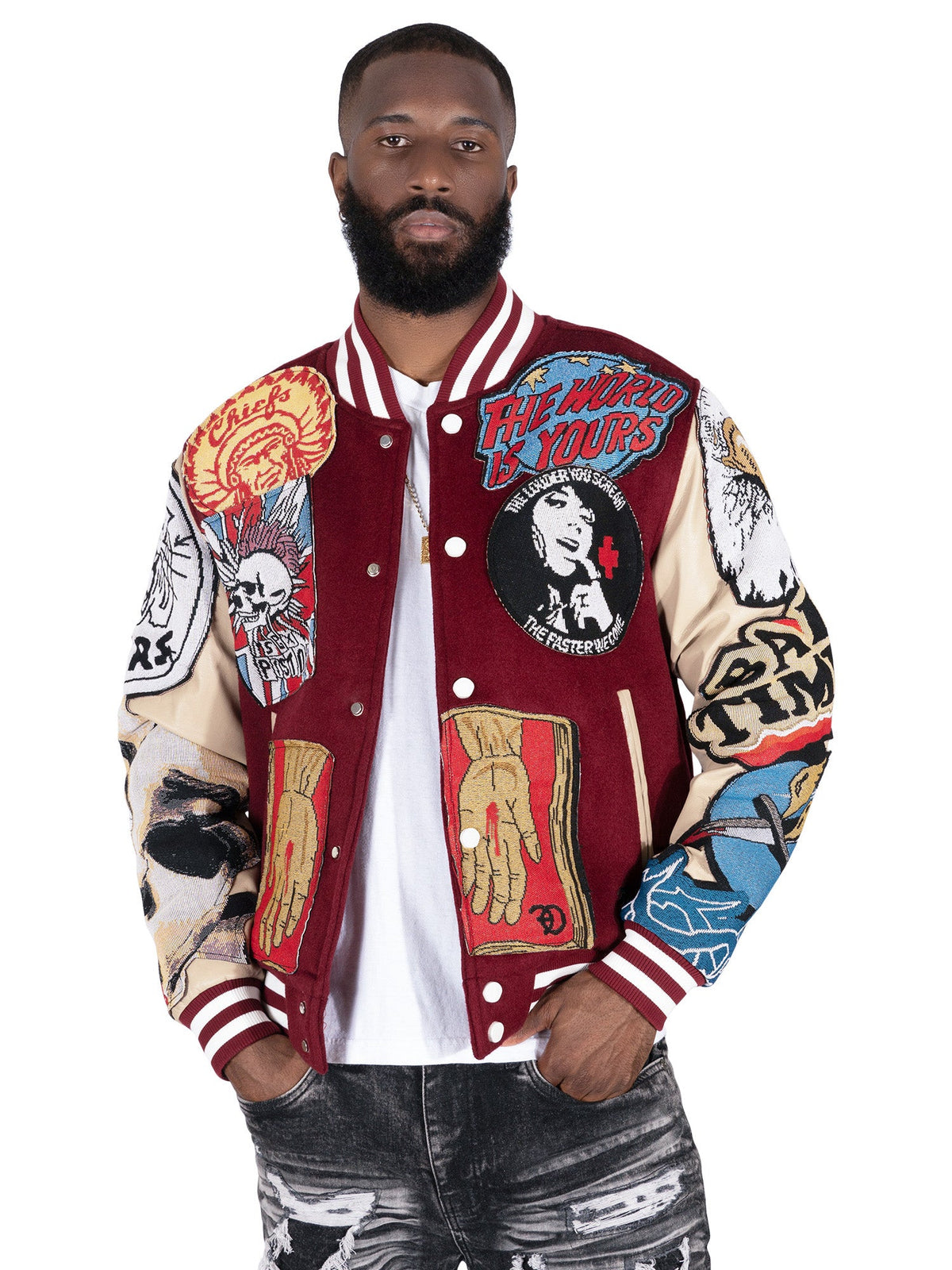 Makobi Love Scars Varsity Jacket in Burgundy, worn by a model