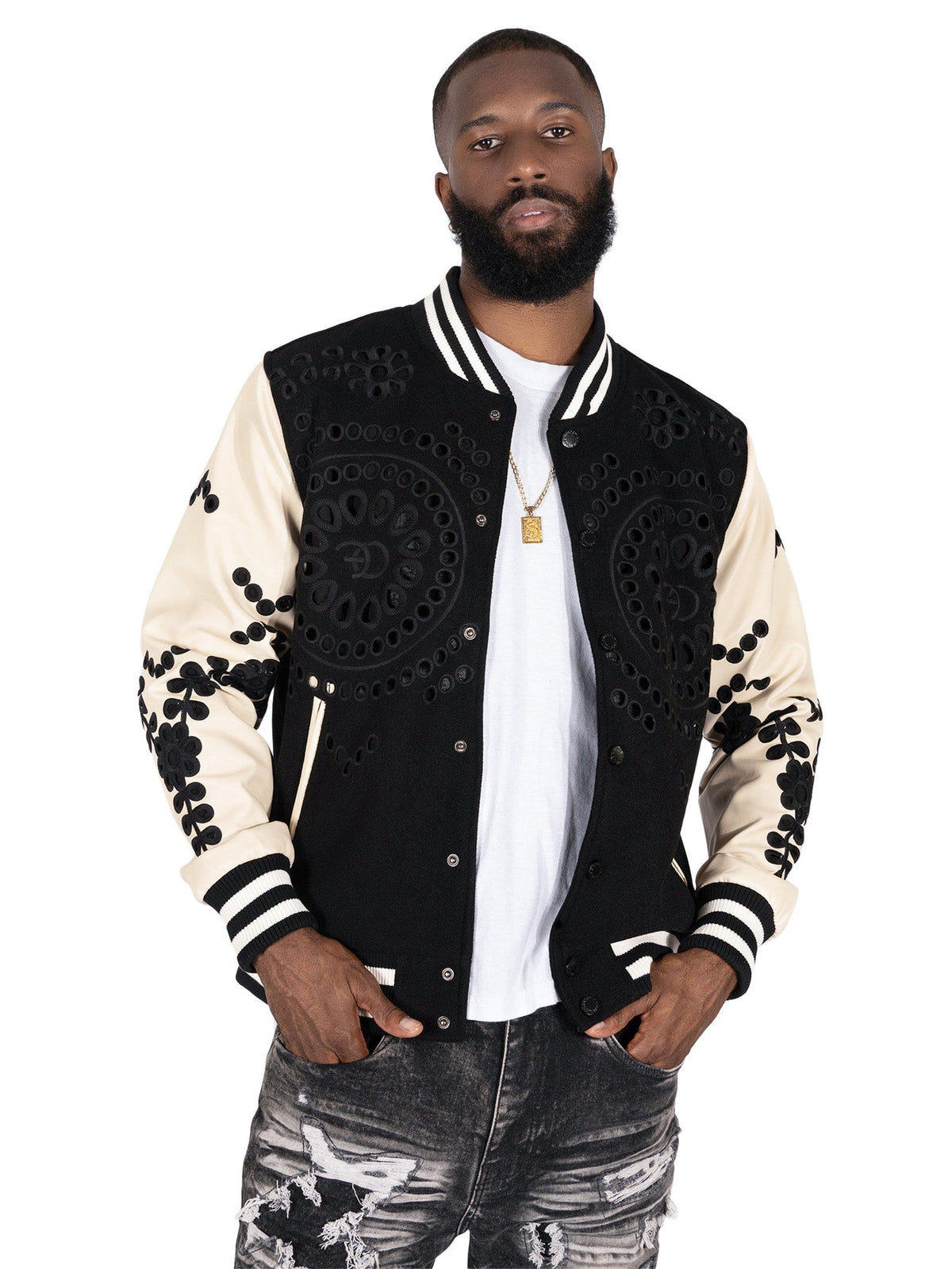 Makobi Cashay Wool Varsity Jacket, Black, worn by a model