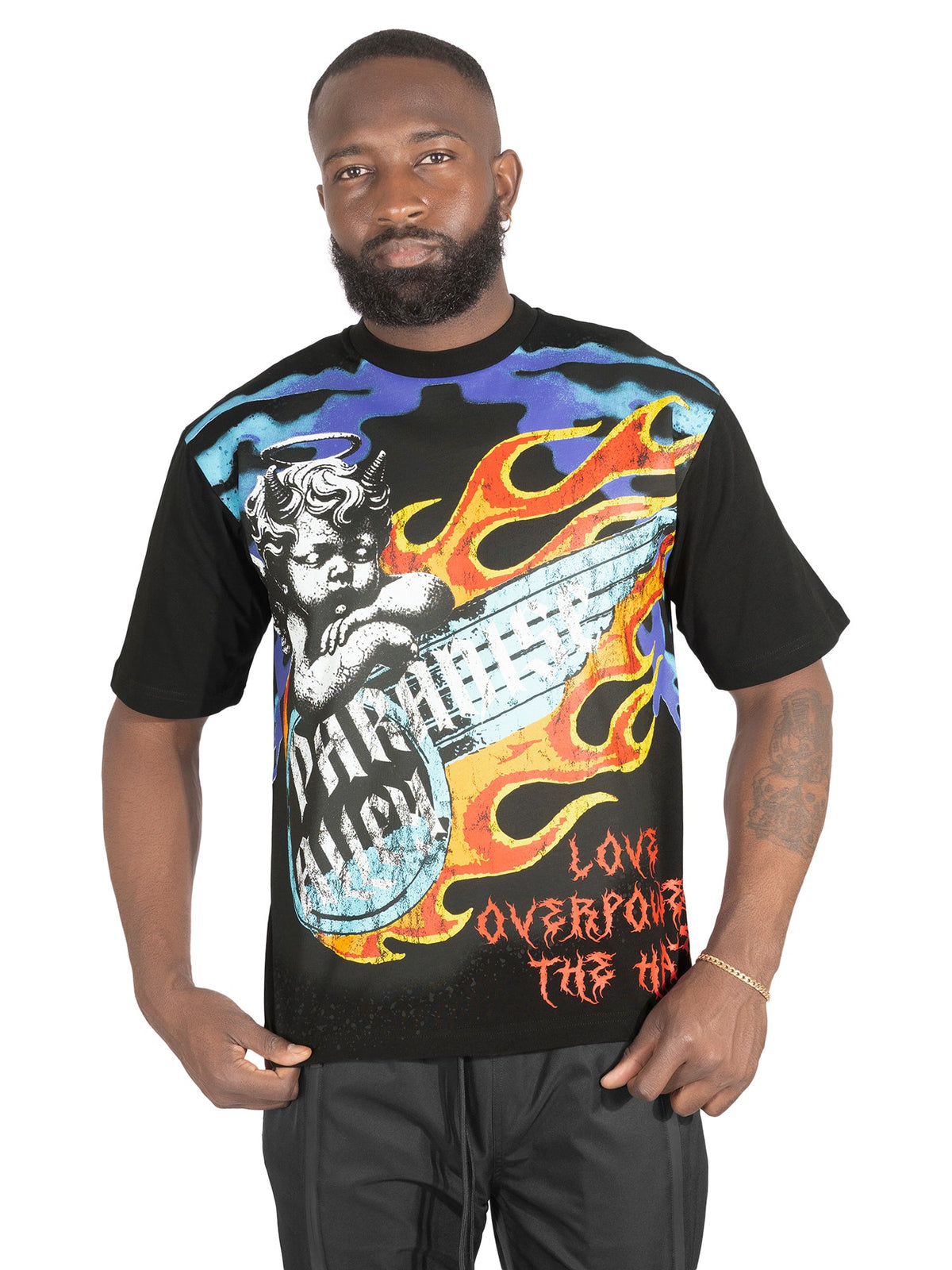 Makobi Fake Love tee in Black, worn front view