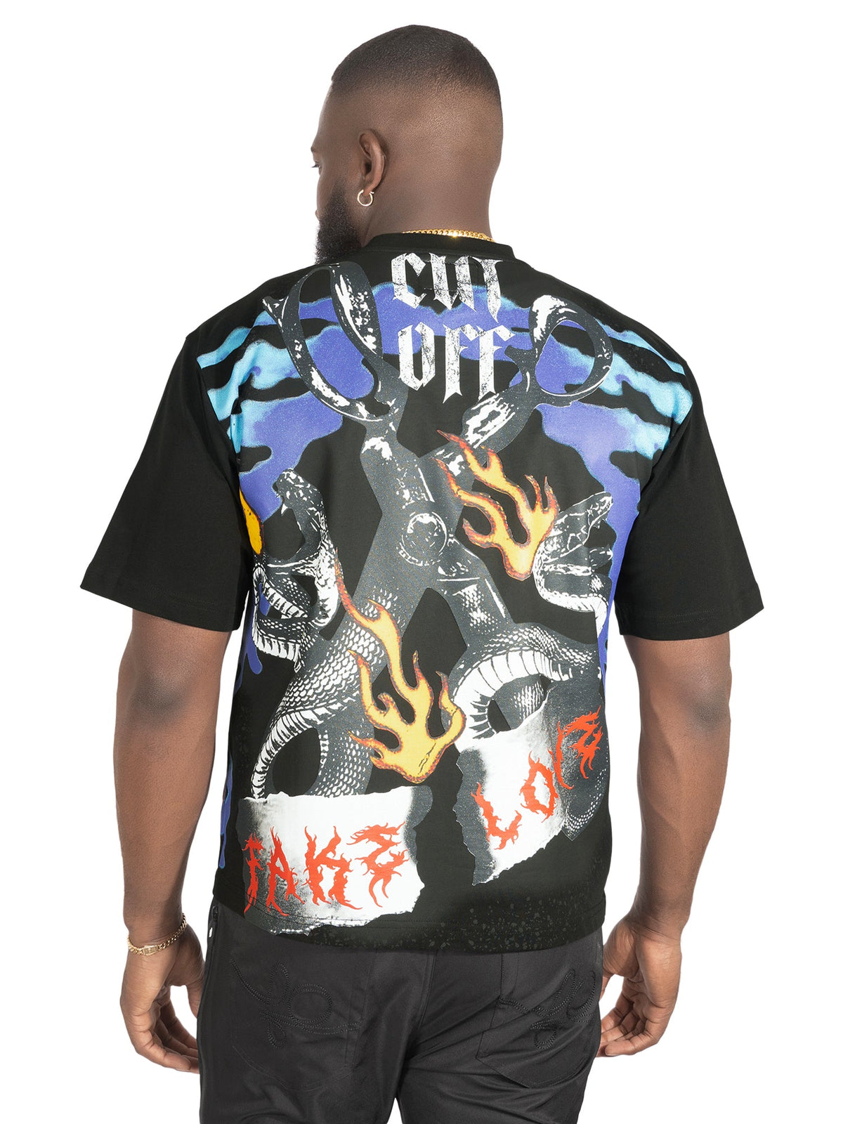 Makobi Fake Love tee in Black, worn back view