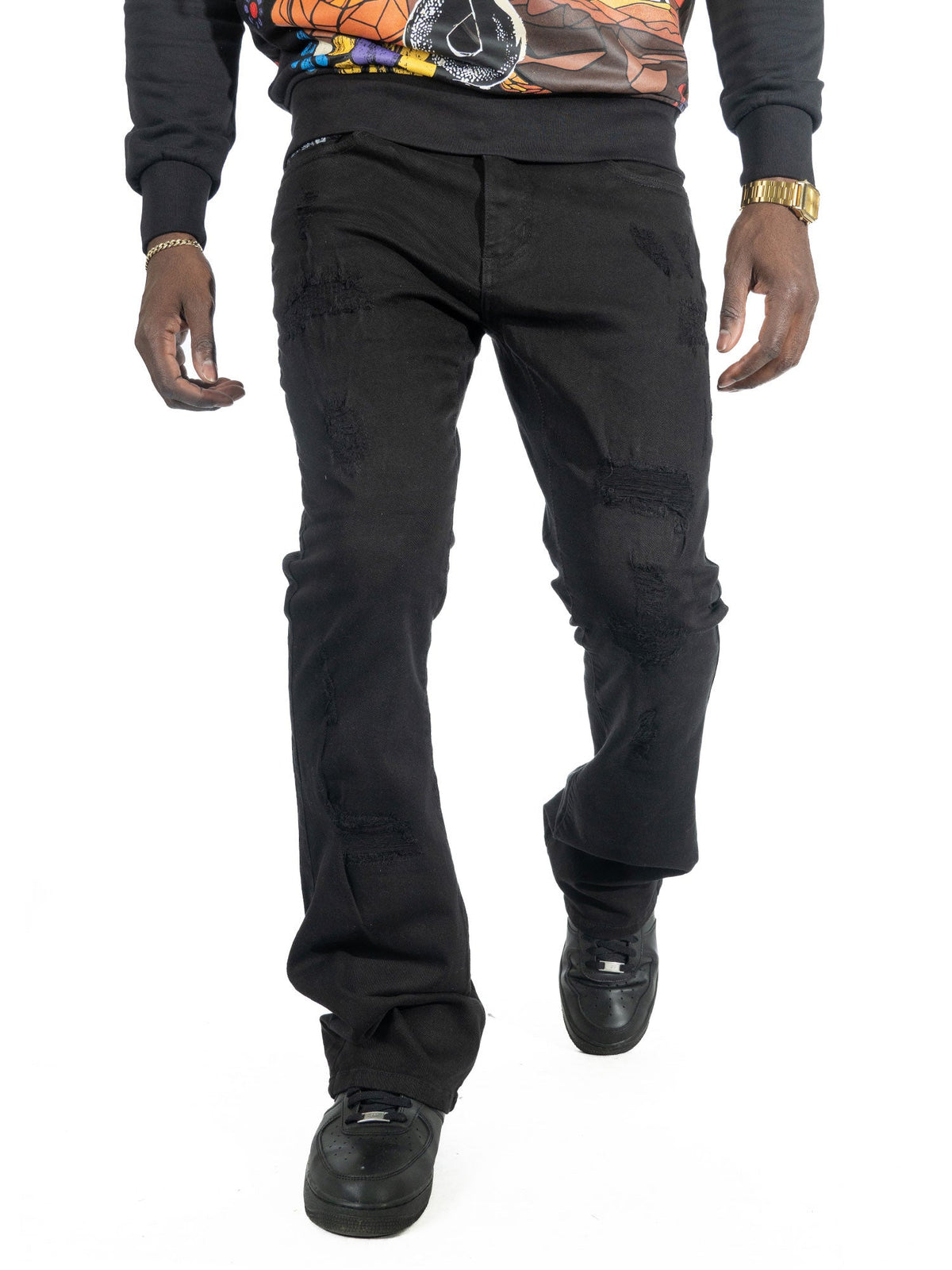 Makobi Alono Stacked Jeans in Black, worn front view