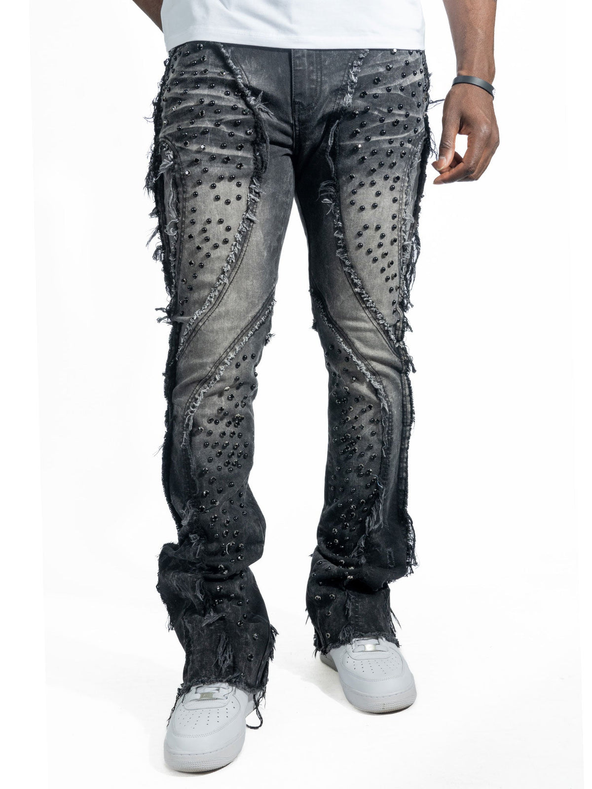 Makobi Moretti Stacked Pants in Black, worn by a model