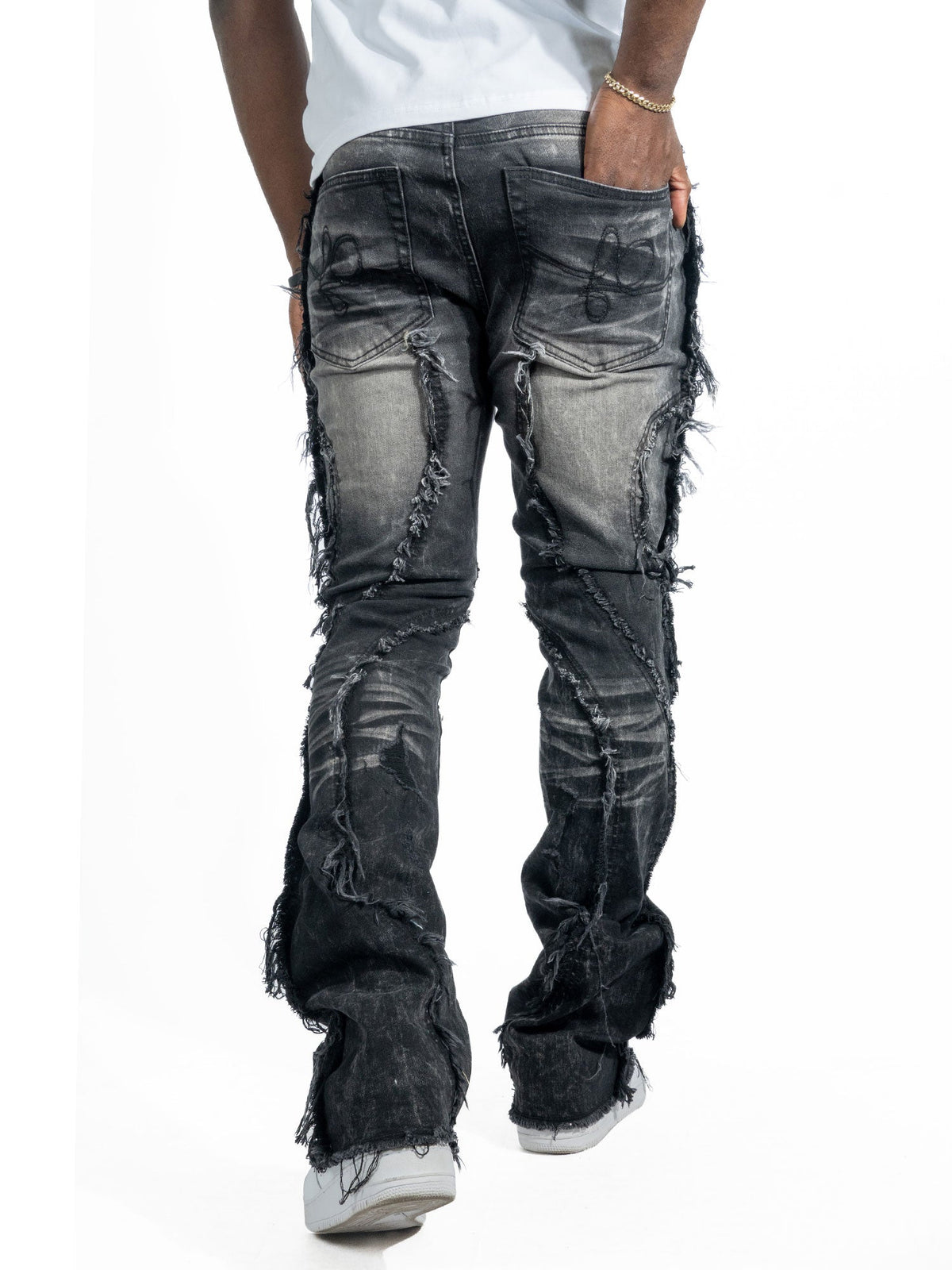 Makobi Moretti Stacked Pants in Black, worn by a model, alternate angle