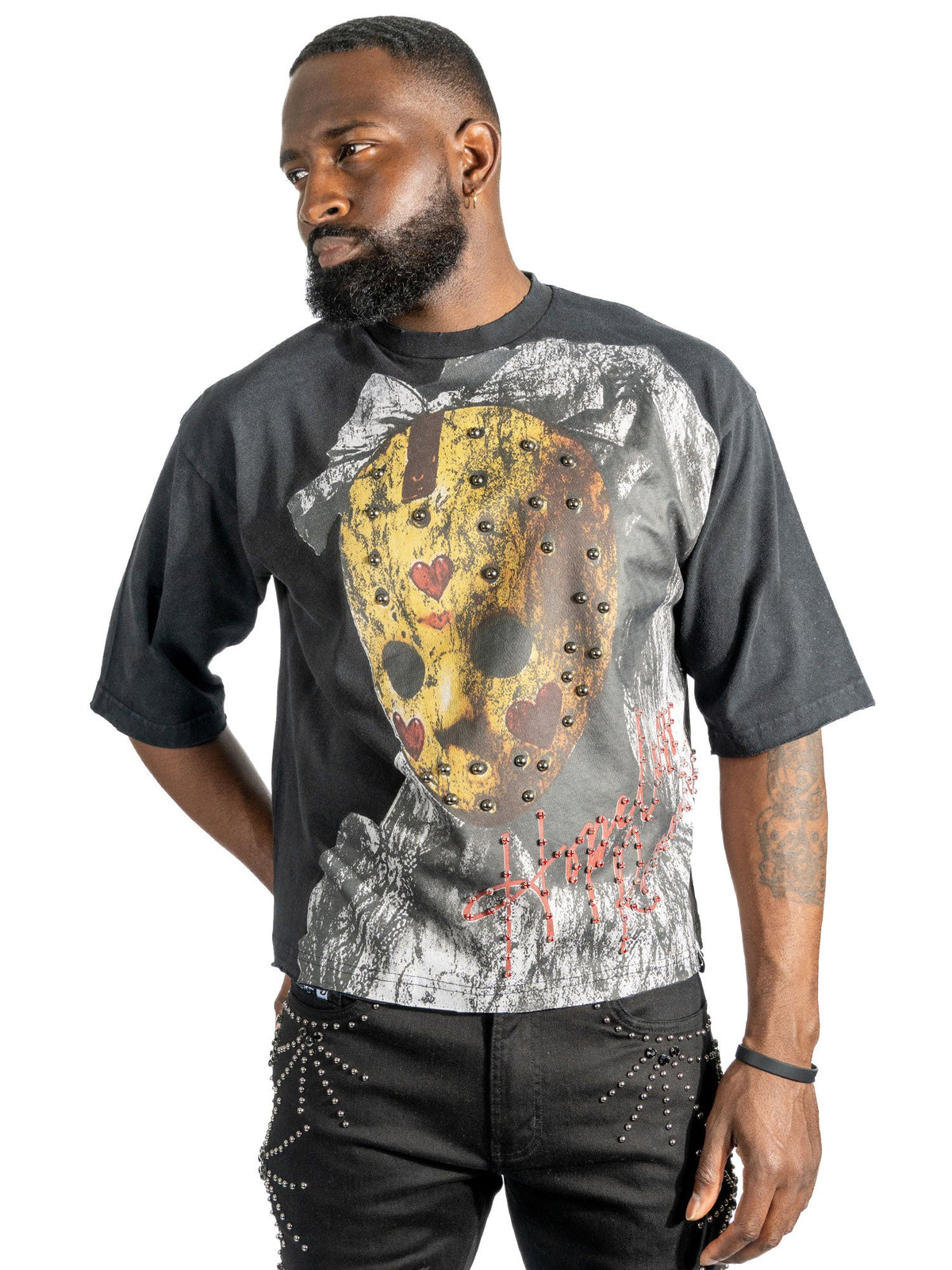 Makobi Hopeless Romantic Cropped tee in Black, worn by a model