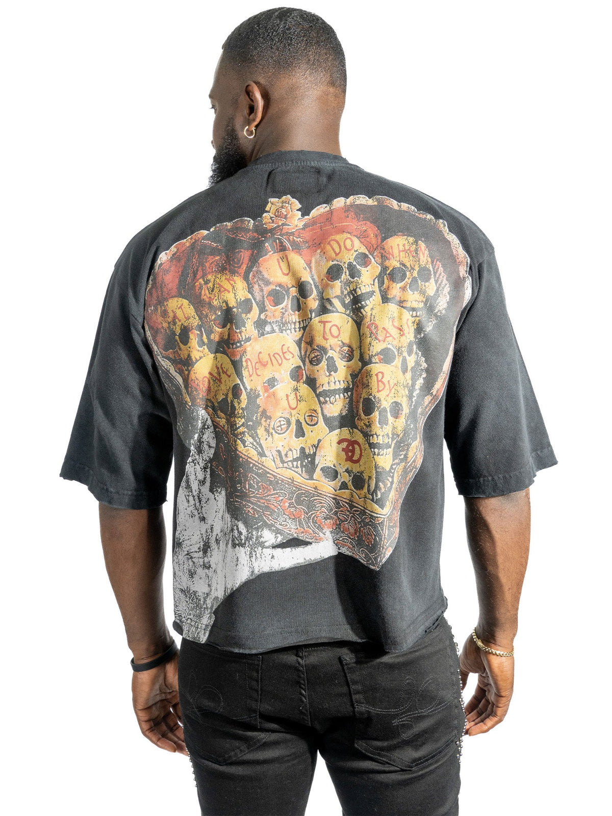 Makobi Hopeless Romantic Cropped tee in Black, worn by a model, alternate angle