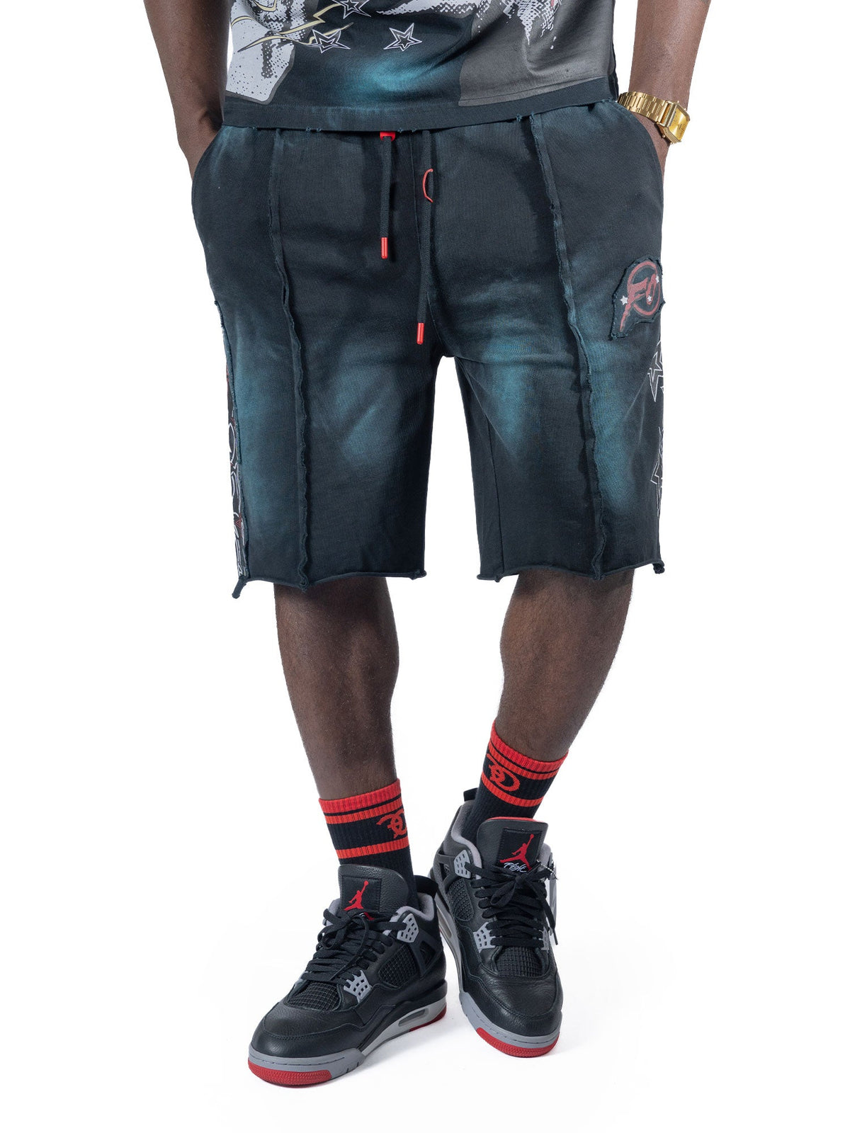 Makobi Finesse Acid Wash Shorts in Black, back view