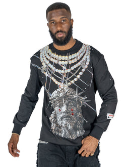 Makobi Sinners Welcome Crewneck Sweatshirt in Black, styled view