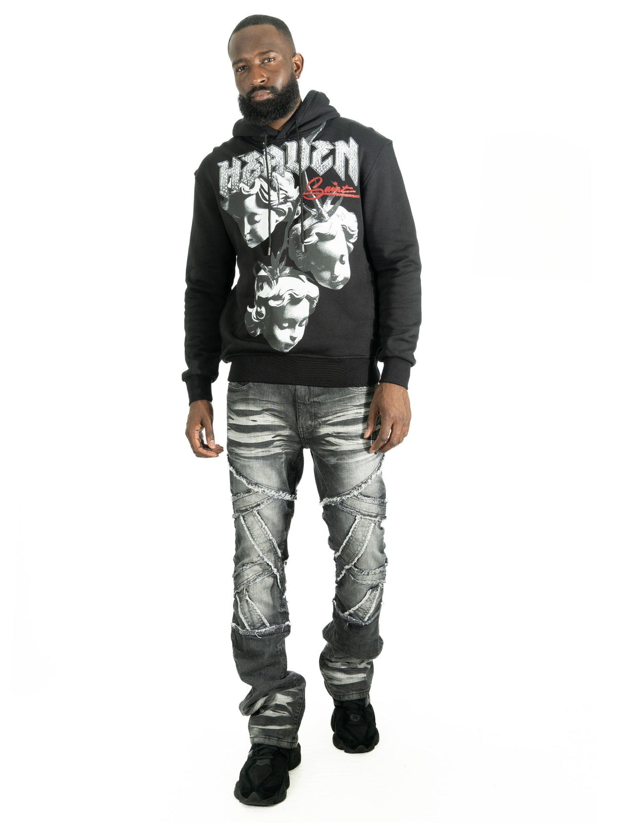 Makobi Heaven Pull Over in Black, worn detail view