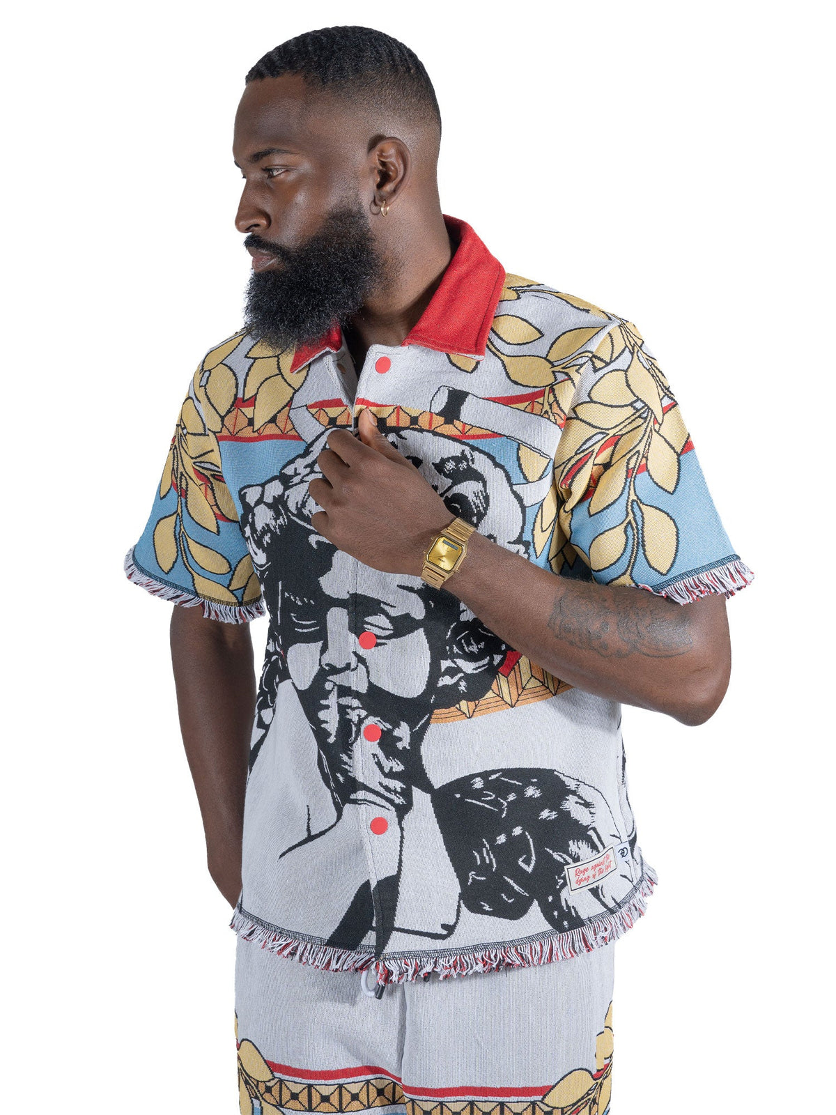 Makobi The SAINT Tapestry Oversized Button-down Shirt, worn front view