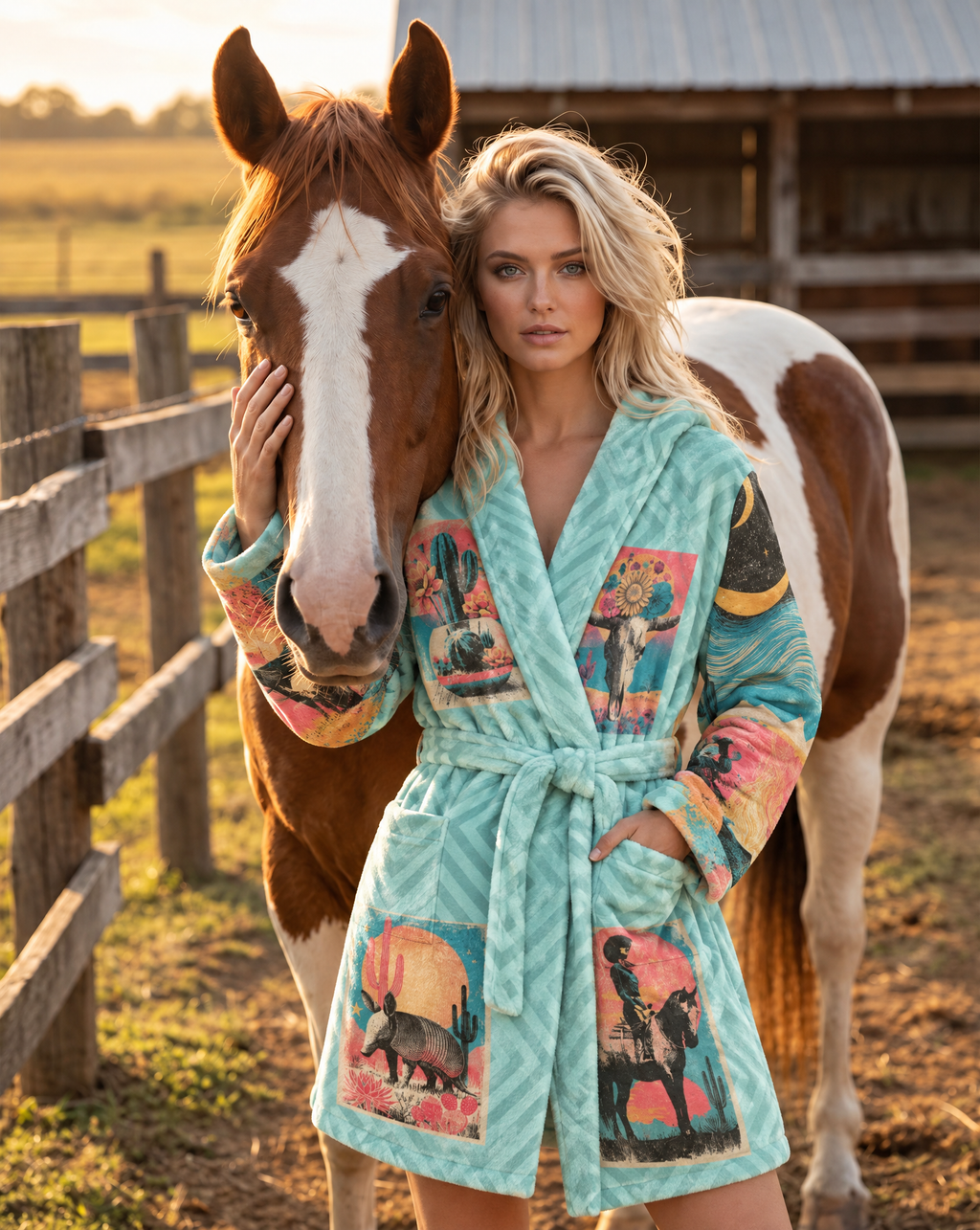 Baha Ranch Honky Tonk Kitsch Cowgal Minky Fleece Plush Robe