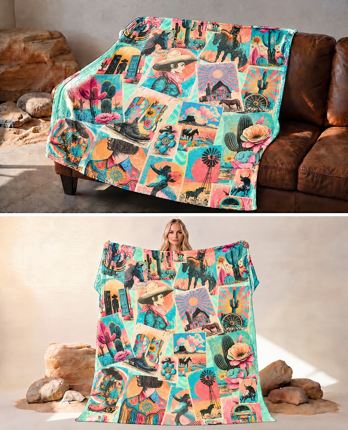 Baha Ranch Honky Tonk Kitsch Collage blanket 60 x 80 Ultra-Soft Micro Fleece Blanket Made in America