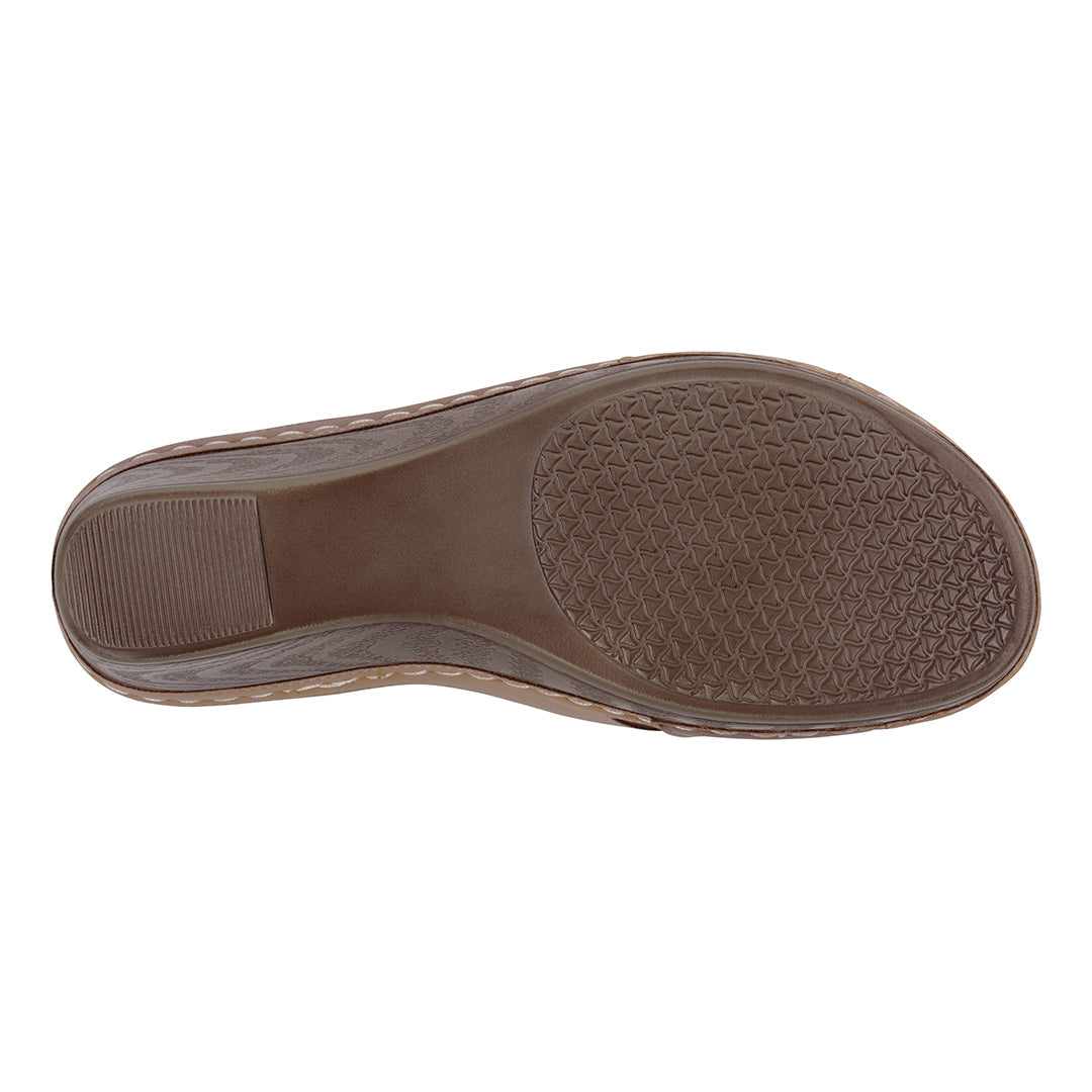 Hayden Perforated Tan/Bronze Contrast Cross Strap Wedge Sandals