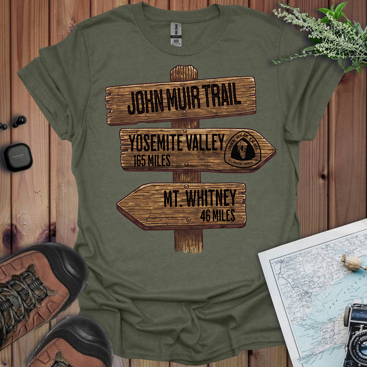 John Muir Trail Unisex Fit Soft T-Shirt Wood Sign 211 Miles