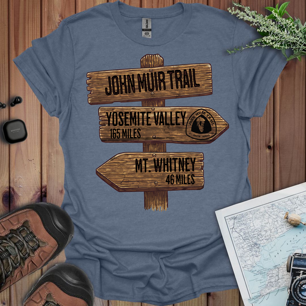 John Muir Trail Unisex Fit Soft T-Shirt Wood Sign 211 Miles