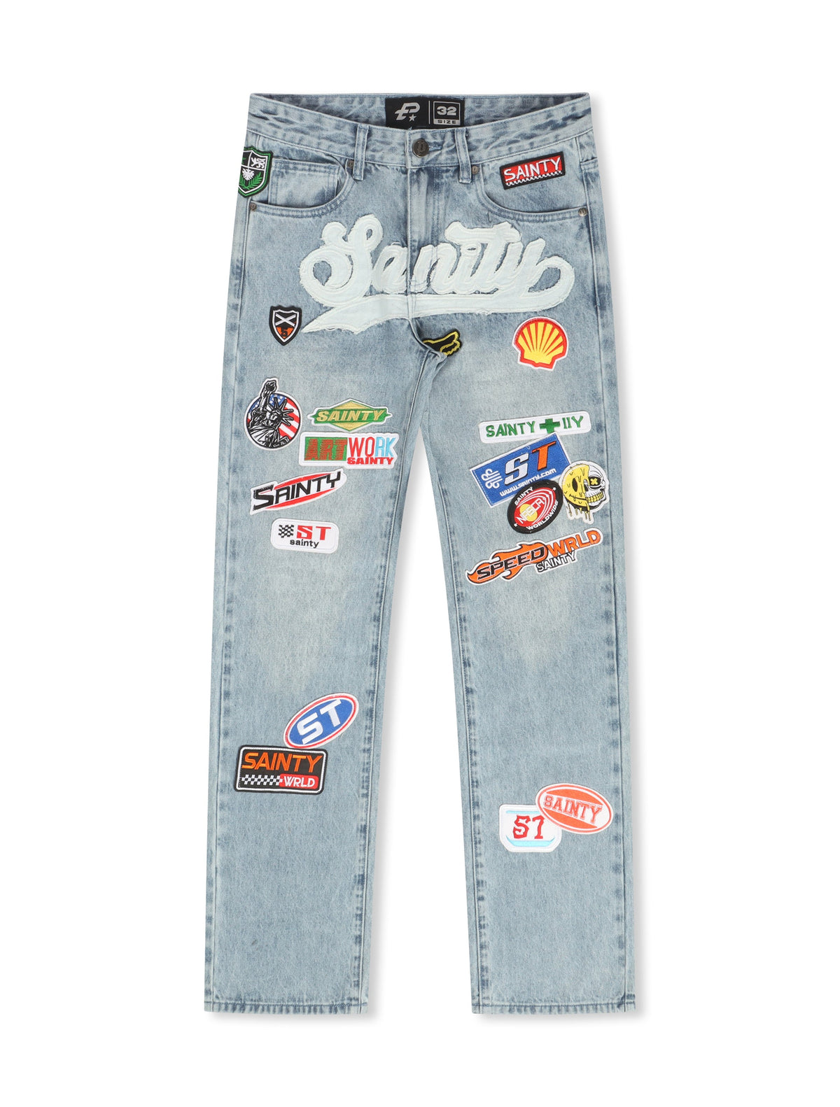 Politics Patch Straight Leg Jean - Blue Wash