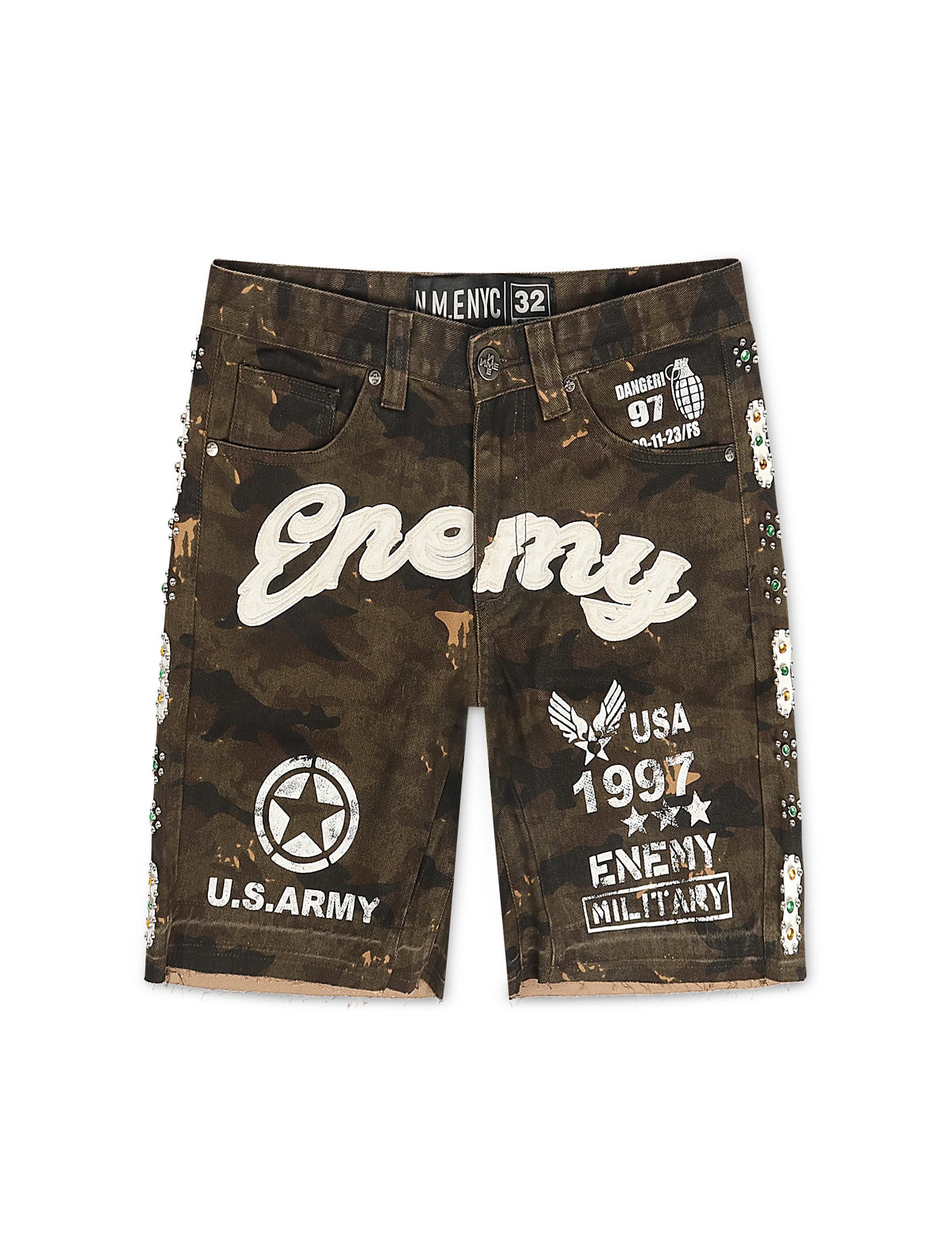 N.M.E NYC Enemy Army '97 Denim Shorts - Camo Wash