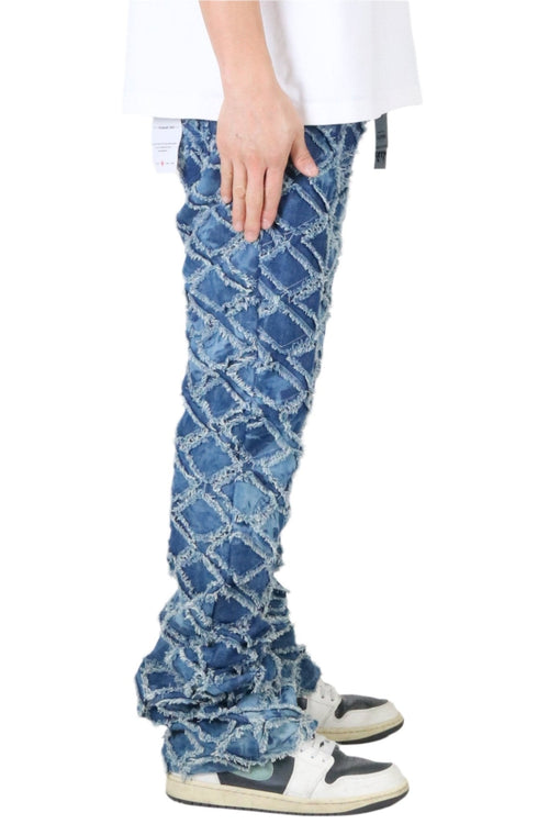 HYDRA Men's premium rip&repair flare stacked fit quilted denim pants