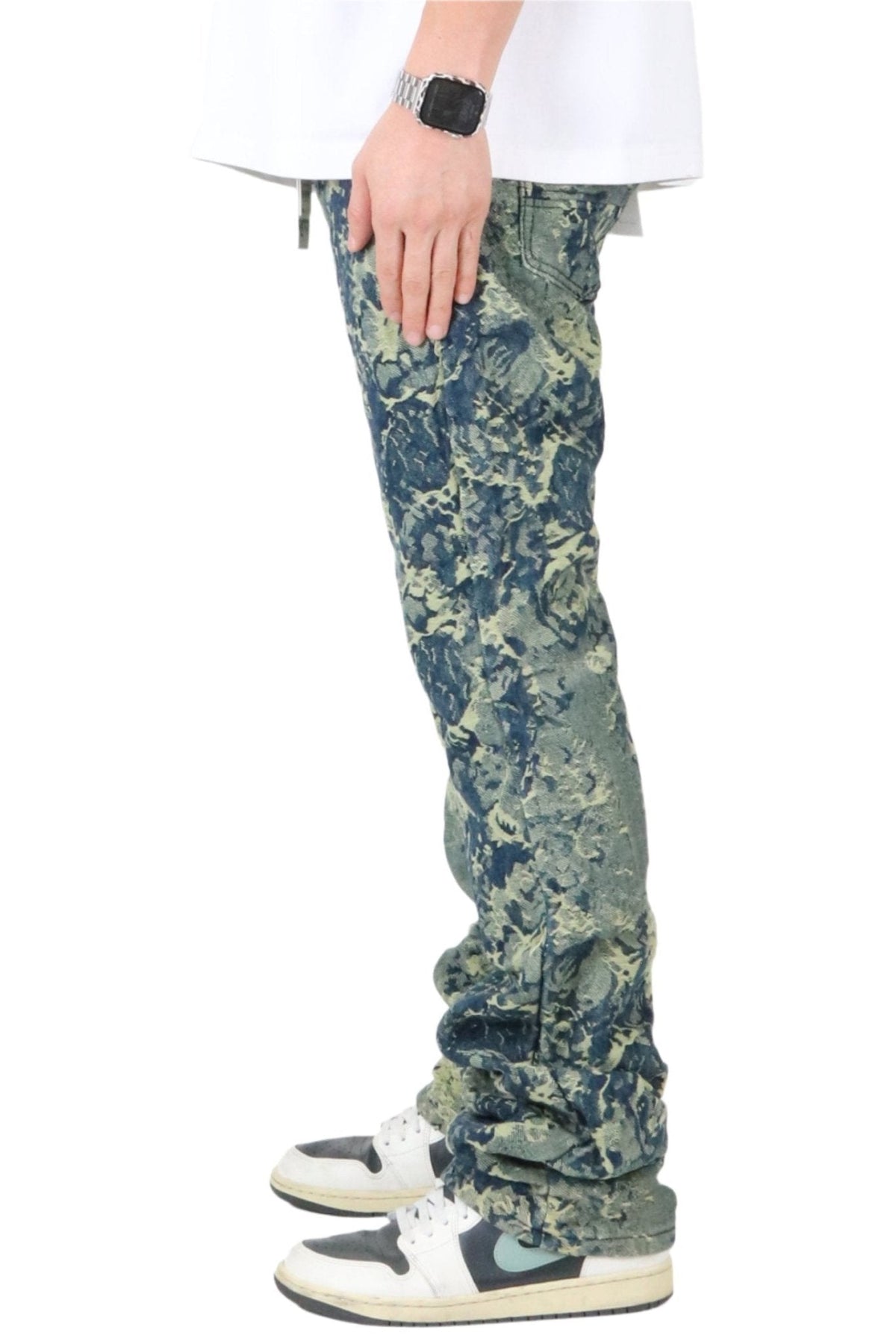 ROBIN Men's premium jacquard flare stacked fit denim pants