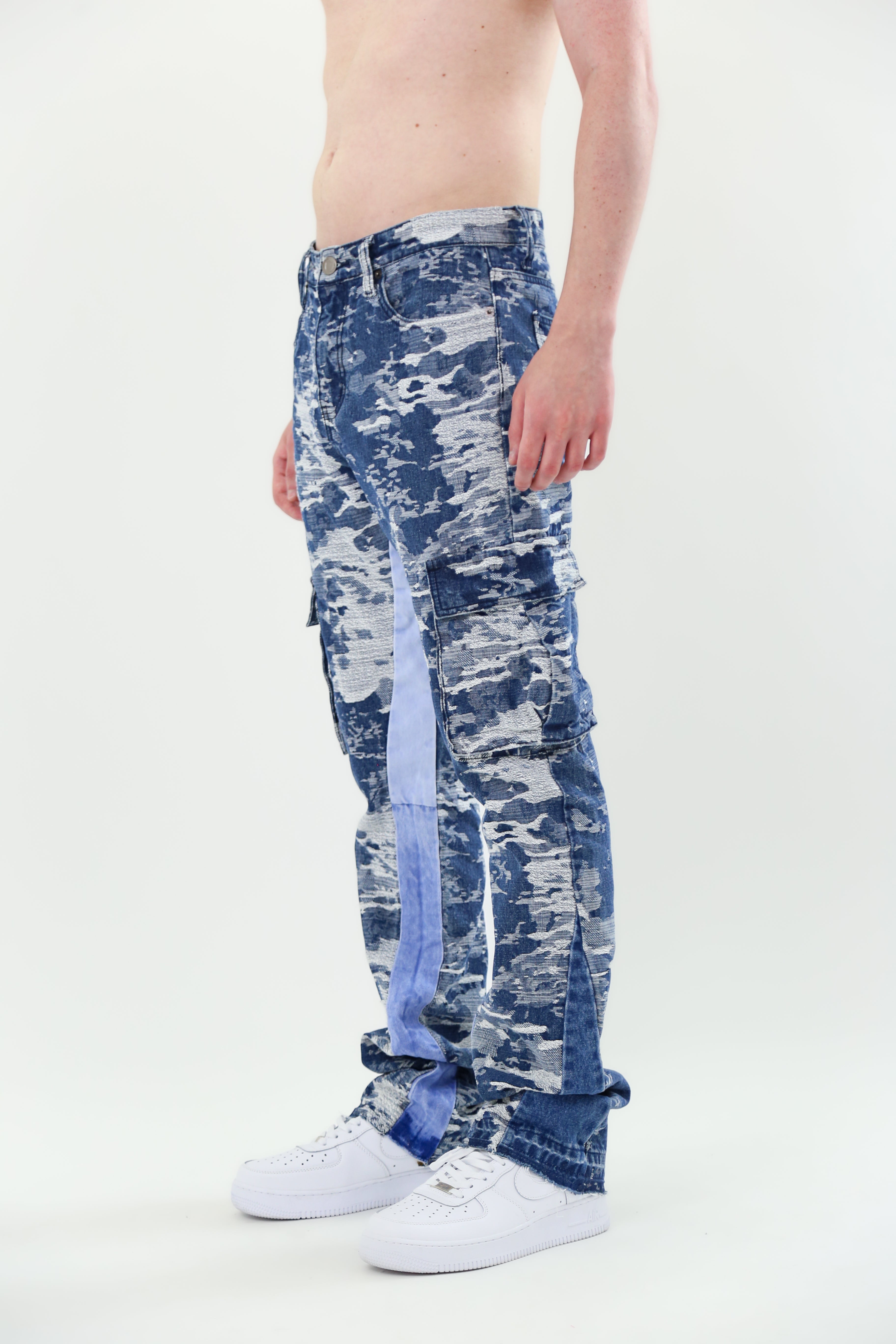 AJS695 Blue Cardo Jacquard Stacked Jeans