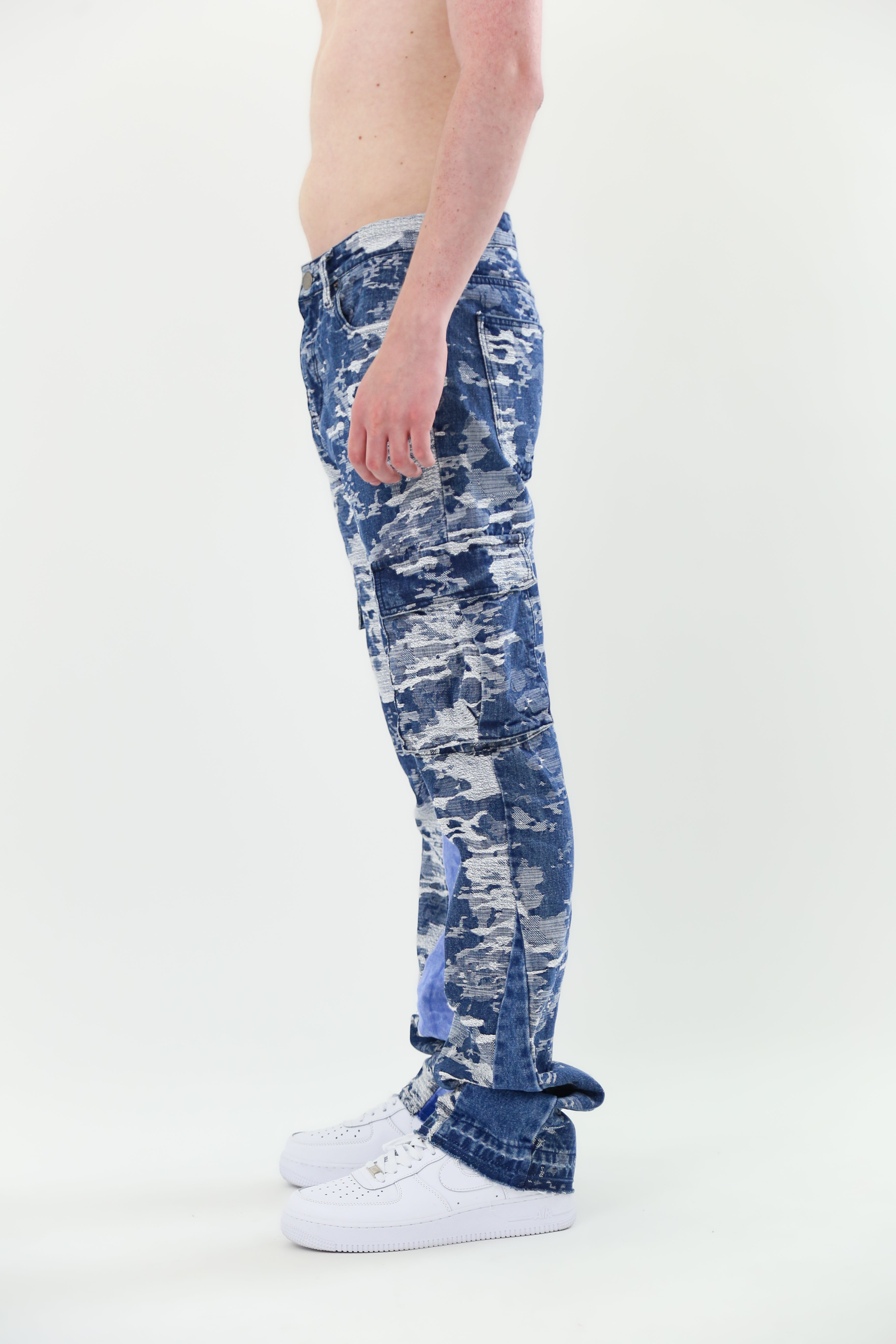 AJS695 Blue Cardo Jacquard Stacked Jeans