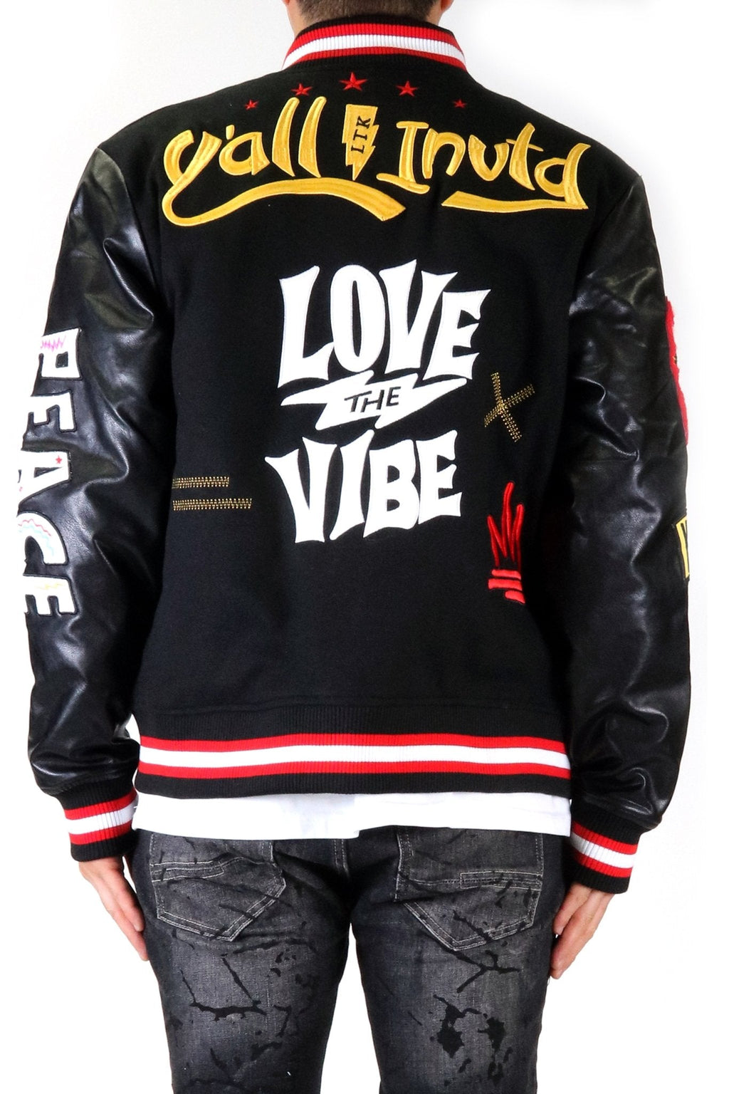 HALSTON Men's Melton Body with Faux Leather Sleeve Varsity Jacket