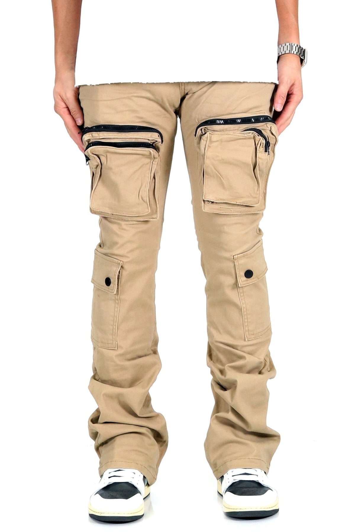 VENGE Men's premium twill khaki stacked cargo pants.