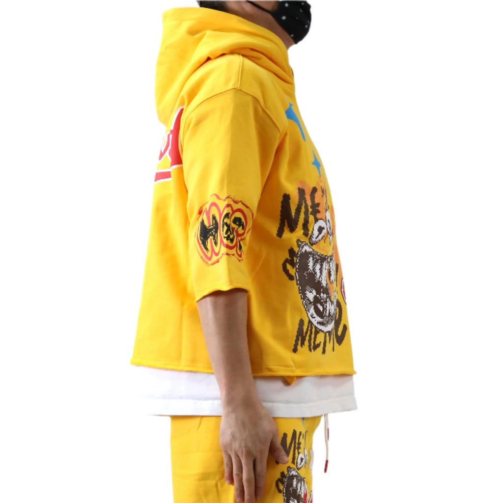 MERTI French Terry 3/4 Sleeve Crop Top Pullover Hoodie