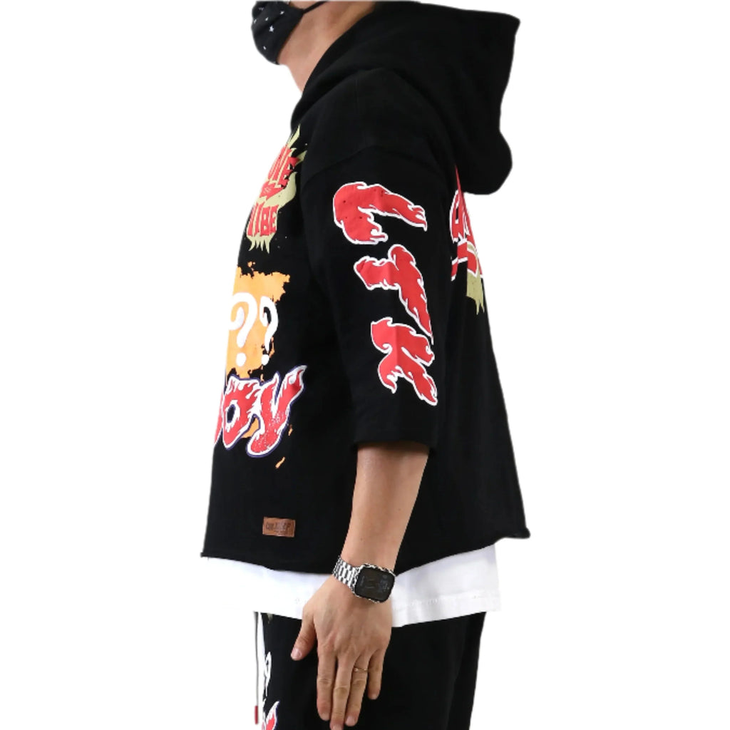 TROY French Terry 3/4 Sleeve Crop Top Pullover Hoodie