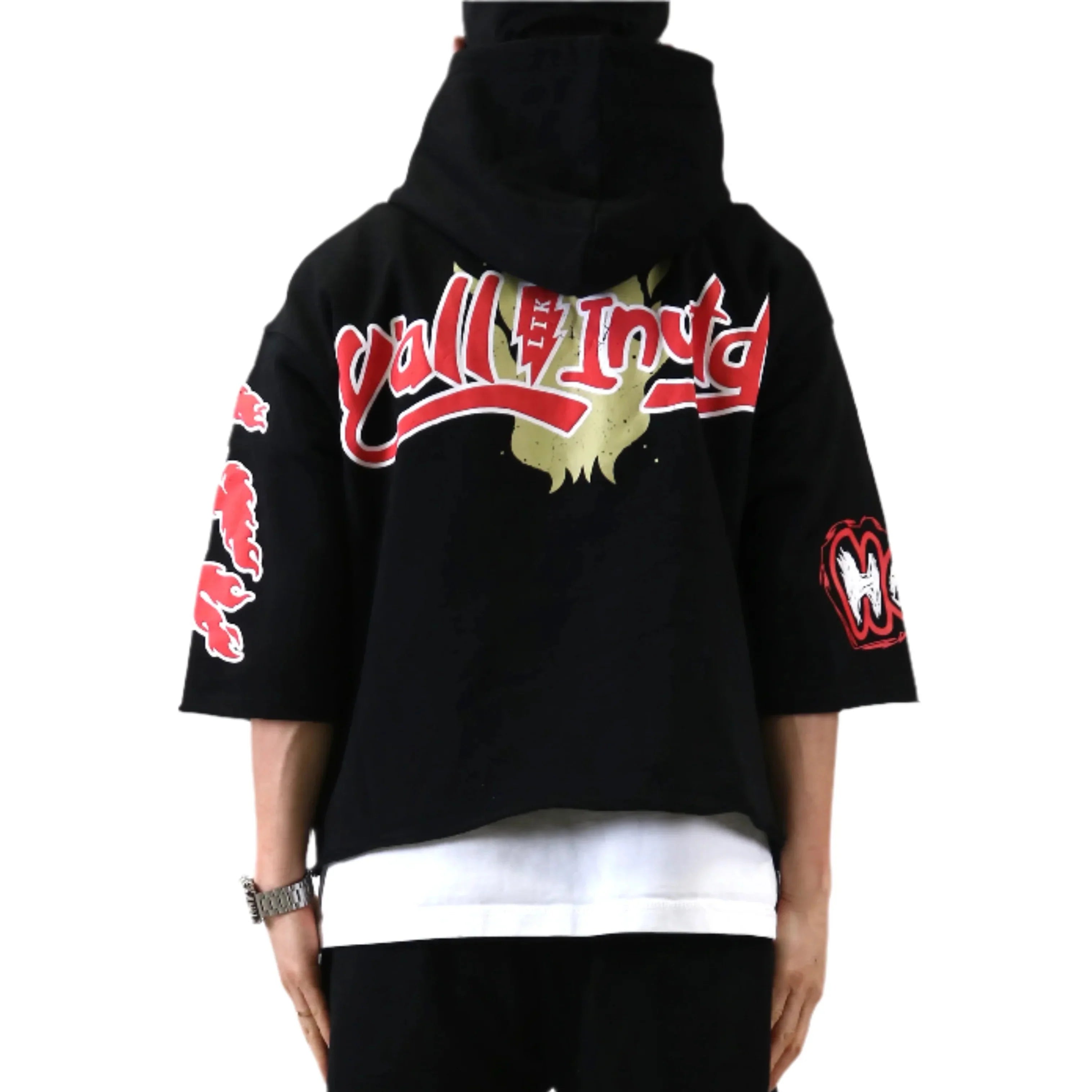 TROY French Terry 3/4 Sleeve Crop Top Pullover Hoodie