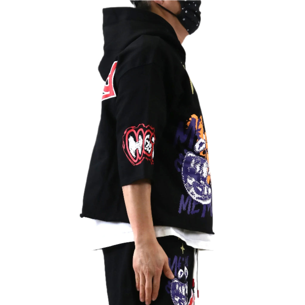 TROY French Terry 3/4 Sleeve Crop Top Pullover Hoodie